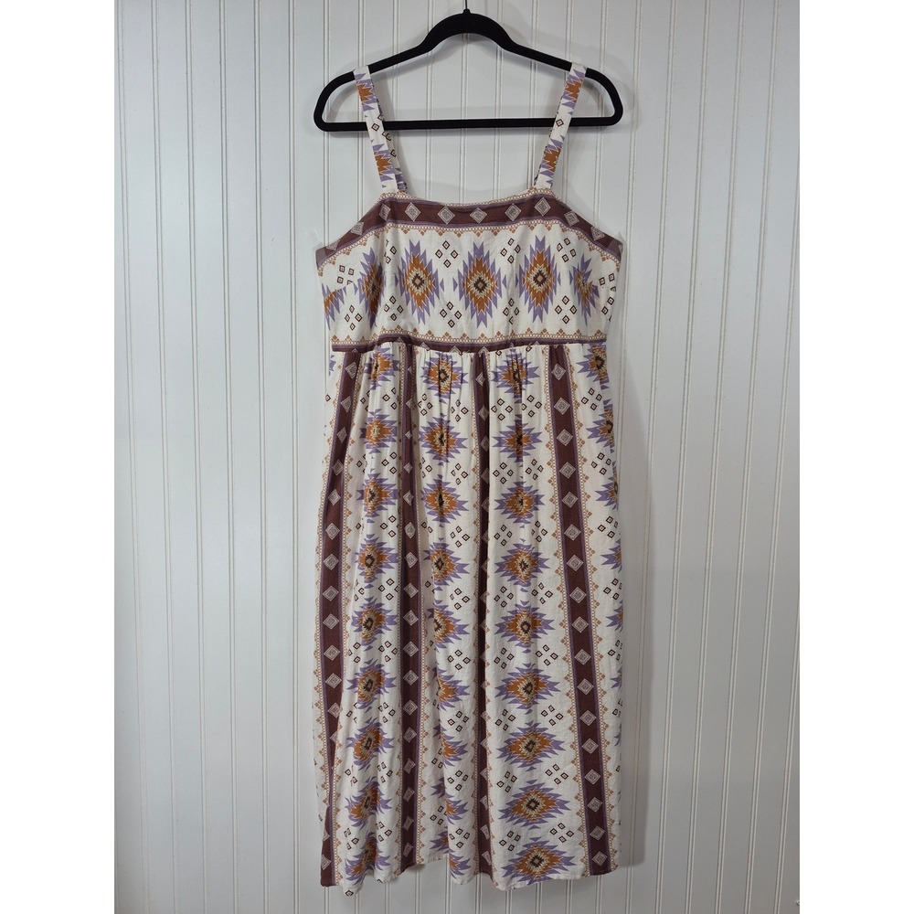Women's Southwestern Aztec Linen Blend Midi Tank Dress Pockets Purple Large